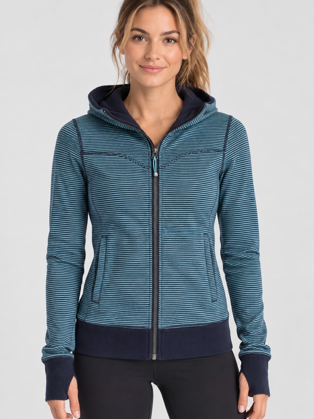 Lululemon Striped Full Zip Hooded Jacket Blue Teal Back Vent Size 8